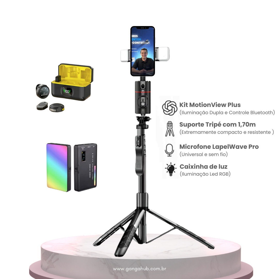 Kit Engaja Pro - Diamond: Inclui suporte com rastreamento facial, tripé ajustável, microfone LapelWave Pro, e luz LED RGB Andoer, compondo um kit profissional completo. ganga hub