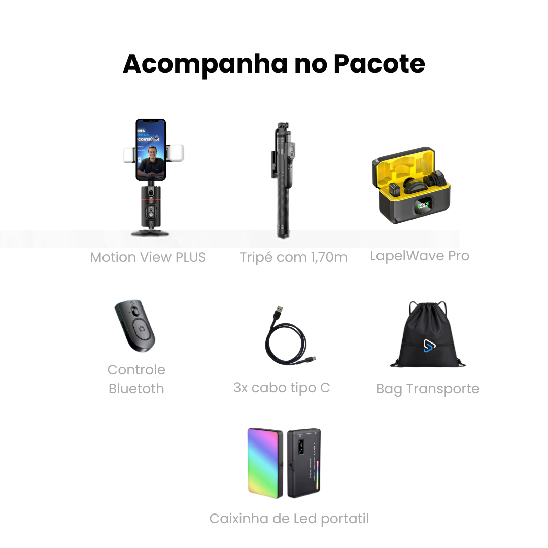Kit Engaja Pro - Diamond: Inclui suporte com rastreamento facial, tripé ajustável, microfone LapelWave Pro, e luz LED RGB Andoer, compondo um kit profissional completo. ganga hub