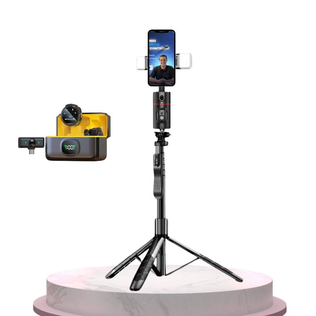 O Kit Engaja Pro - Bronze combina suporte inovador com rastreamento facial e tripé portátil para criadores em ascensão. Aprimore sua produção digital com facilidade e inovação.