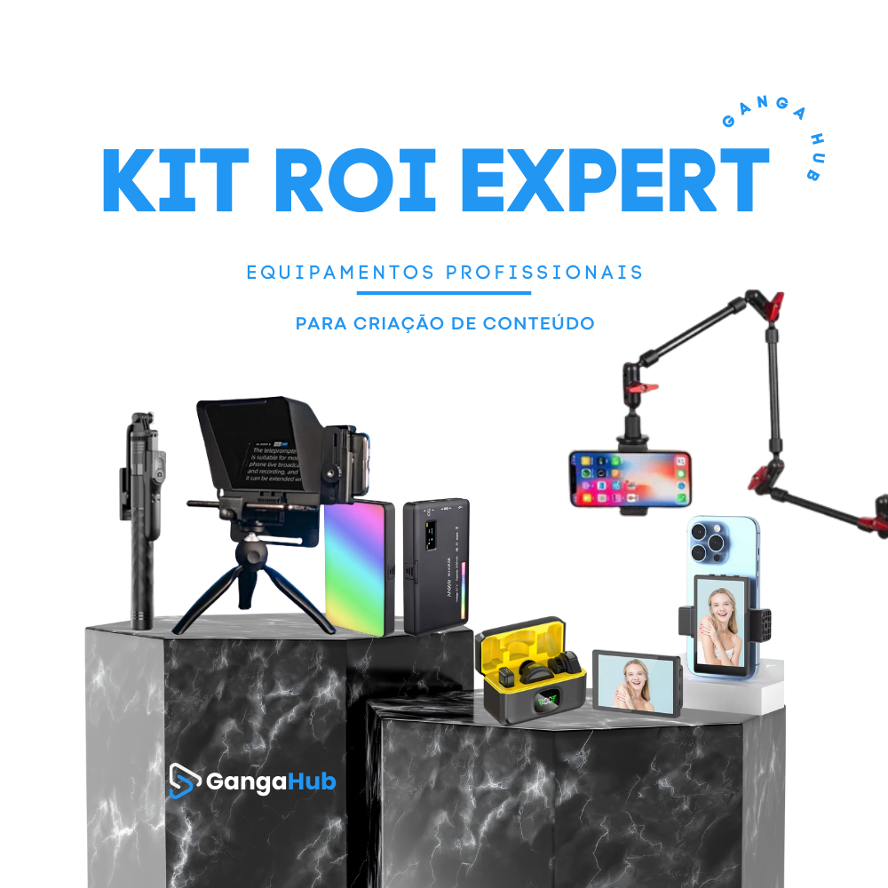 Imagem do Kit ROI Expert: Inclui teleprompter, microfone de lapela Lapel Wave Pro, espelhamento de celular, tripé, duas luzes RGB e braço articulado. Perfeito para criação de conteúdo de alta qualidade, testado e aprovado pela ROI Expert.