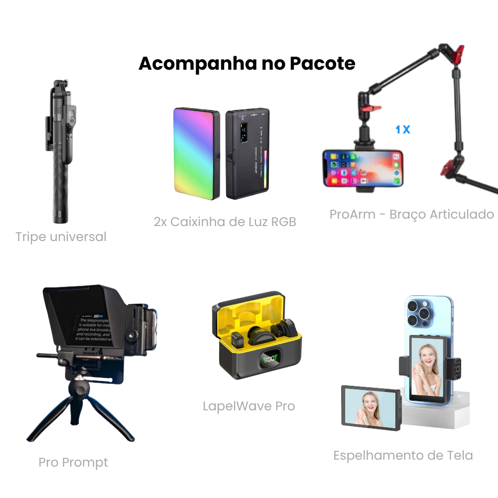 Imagem do Kit ROI Expert: Inclui teleprompter, microfone de lapela Lapel Wave Pro, espelhamento de celular, tripé, duas luzes RGB e braço articulado. Perfeito para criação de conteúdo de alta qualidade, testado e aprovado pela ROI Expert.