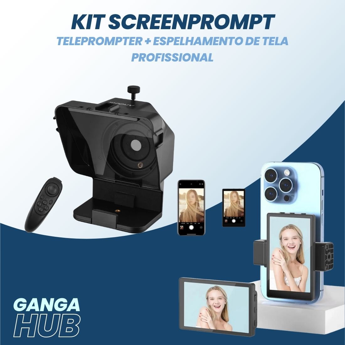 Eleve suas produções profissionais com o Kit ScreenPrompt. Inclui teleprompter portátil e espelhador de tela Wi-Fi, ideal para criadores de conteúdo, jornalistas e profissionais diversos. Transforme a qualidade dos seus vídeos e anúncios com clareza e fluidez na GangaHub
