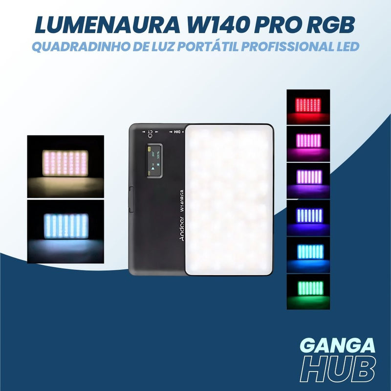 Explore a LumenAura W140 Pro RGB, a luz portátil LED profissional que oferece alto CRI, efeitos RGB vibrantes e ajuste de temperatura de cor de 2500K a 9000K para fotos e vídeos impressionantes.