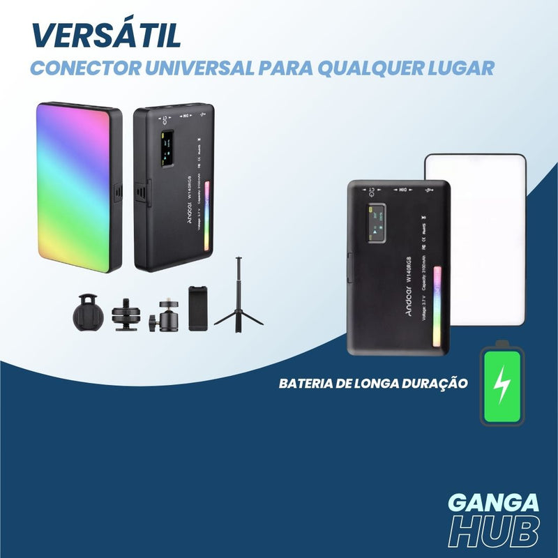 Explore a LumenAura W140 Pro RGB, a luz portátil LED profissional que oferece alto CRI, efeitos RGB vibrantes e ajuste de temperatura de cor de 2500K a 9000K para fotos e vídeos impressionantes.