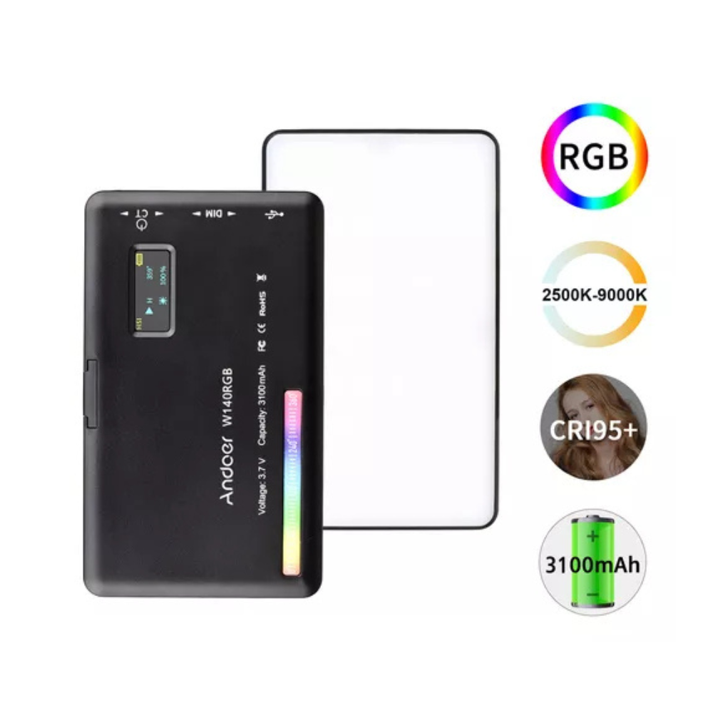 "LumenAura W140 Pro RGB com estrutura robusta exibindo seus LEDs de alta qualidade, índice de reprodução de cor superior a 95, posicionado em fundo neutro ganga hub