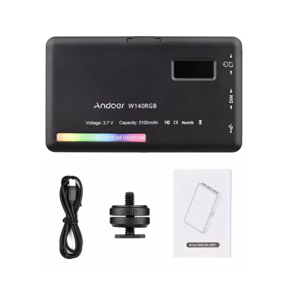 "LumenAura W140 Pro RGB com estrutura robusta exibindo seus LEDs de alta qualidade, índice de reprodução de cor superior a 95, posicionado em fundo neutro ganga hub