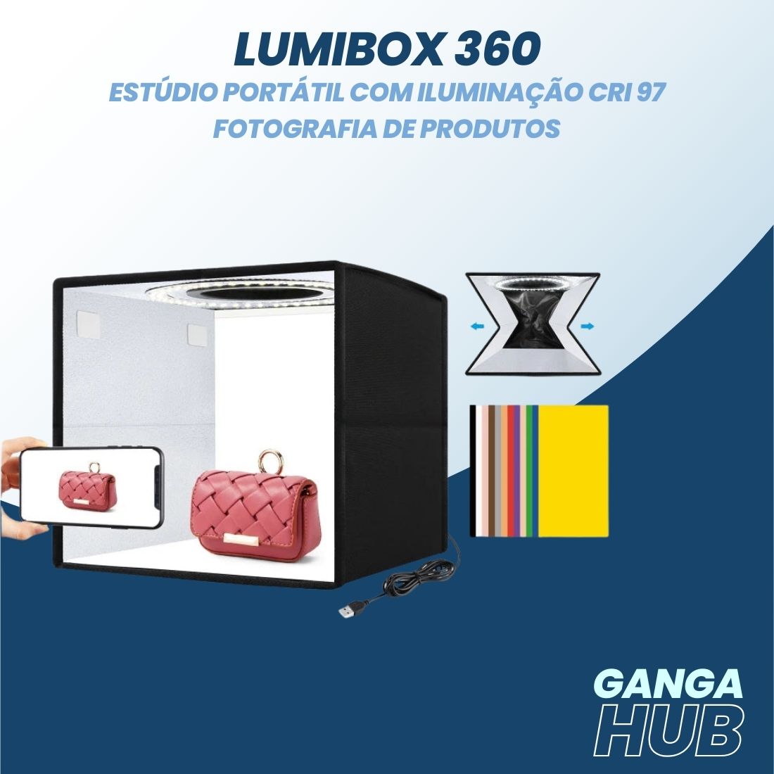 LumiBox 360 - Estúdio Portátil com Iluminação CRI 97, ideal para fotografia profissional de produtos pequenos. Inclui 12 cores de fundo para versatilidade e precisão nas imagens. Disponível na Gangahub, seu hub de soluções visuais