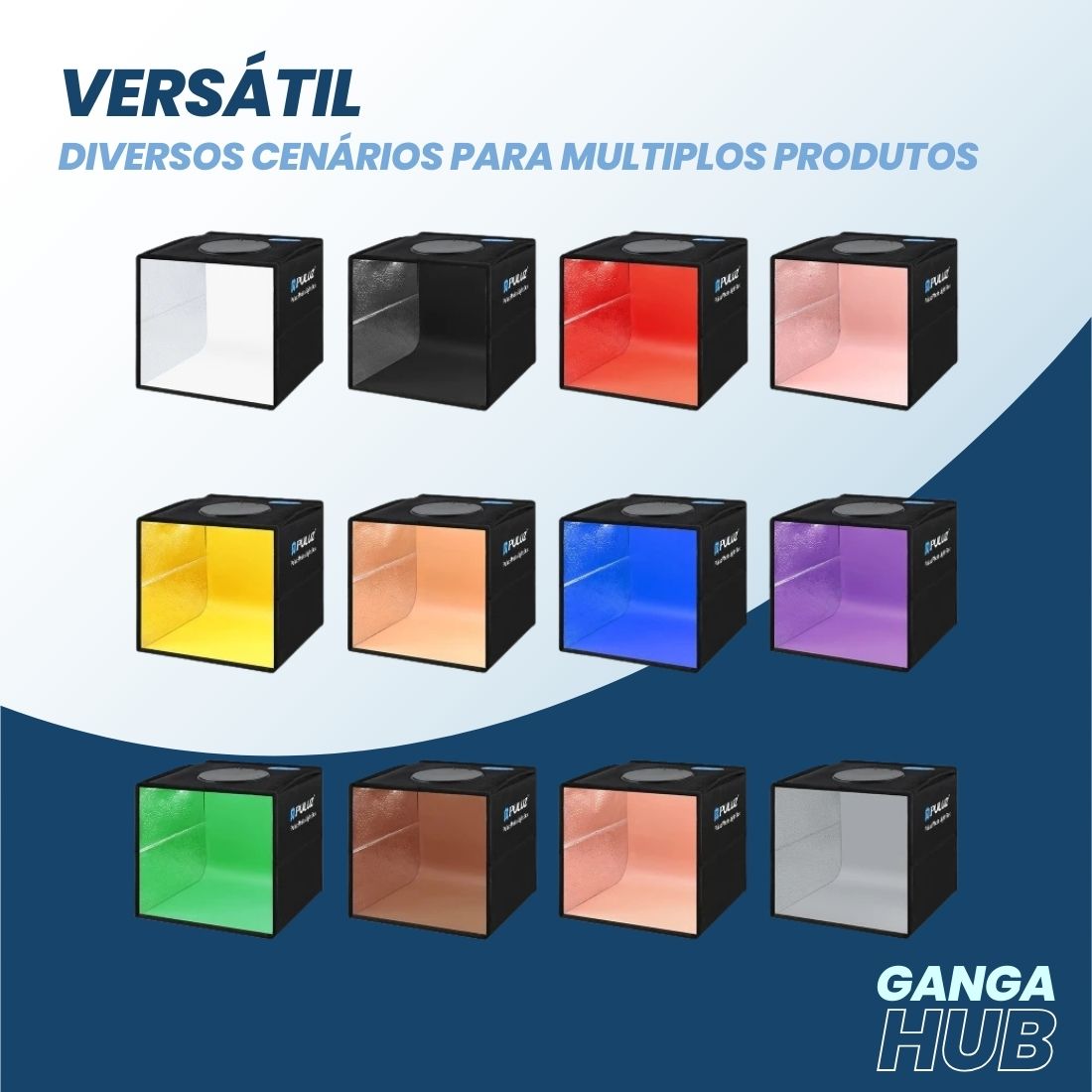 LumiBox 360 - Estúdio Portátil com Iluminação CRI 97, ideal para fotografia profissional de produtos pequenos. Inclui 12 cores de fundo para versatilidade e precisão nas imagens. Disponível na Gangahub, seu hub de soluções visuais