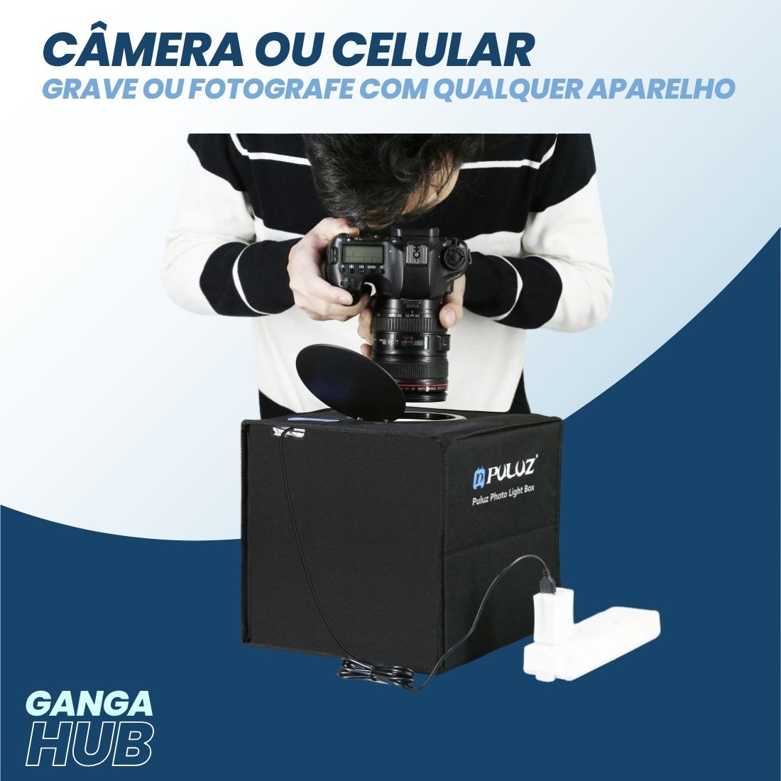 LumiBox 360 - Estúdio Portátil com Iluminação CRI 97, ideal para fotografia profissional de produtos pequenos. Inclui 12 cores de fundo para versatilidade e precisão nas imagens. Disponível na Gangahub, seu hub de soluções visuais