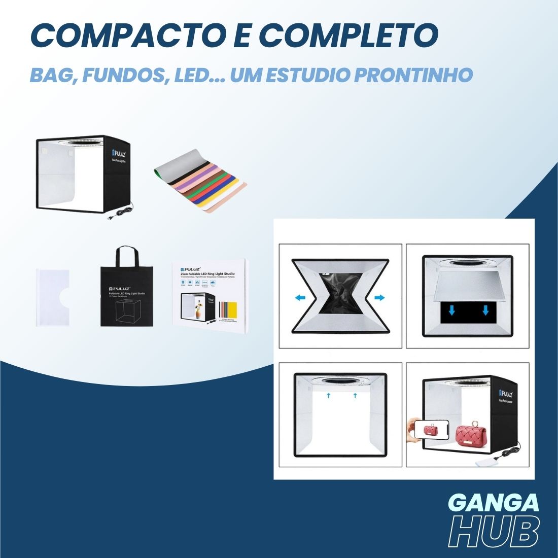LumiBox 360 - Estúdio Portátil com Iluminação CRI 97, ideal para fotografia profissional de produtos pequenos. Inclui 12 cores de fundo para versatilidade e precisão nas imagens. Disponível na Gangahub, seu hub de soluções visuais