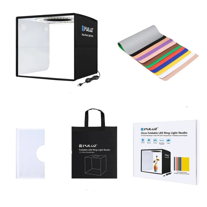 LumiBox 360 - Estúdio Portátil com Iluminação CRI 97, ideal para fotografia profissional de produtos pequenos. Inclui 12 cores de fundo para versatilidade e precisão nas imagens. Disponível na Gangahub, seu hub de soluções visuais