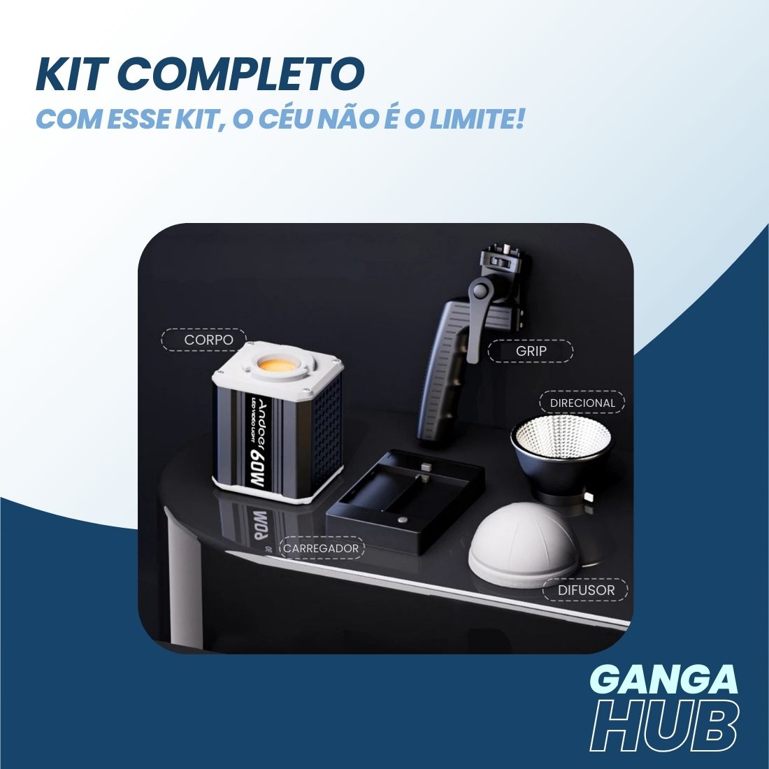 LED de vídeo LumiNova 60W com CRI 90+, efeitos FX e temperatura ajustável de cor, ideal para gravações, fotos e produções audiovisuais profissionais.