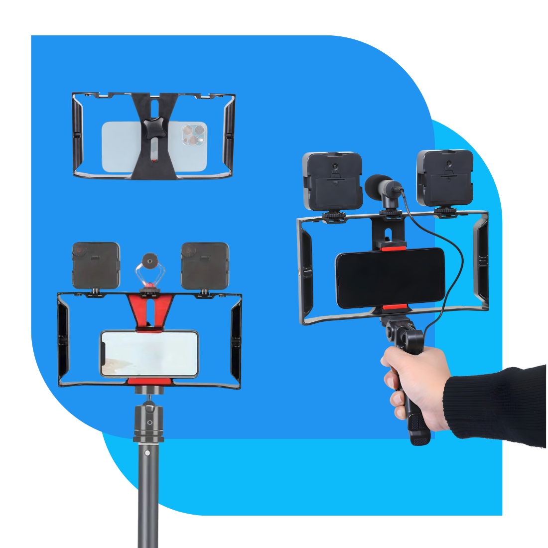 MobileGrip Cage - Estabilizador com Microfone Shotgun e Luz Dupla para Filmmakers