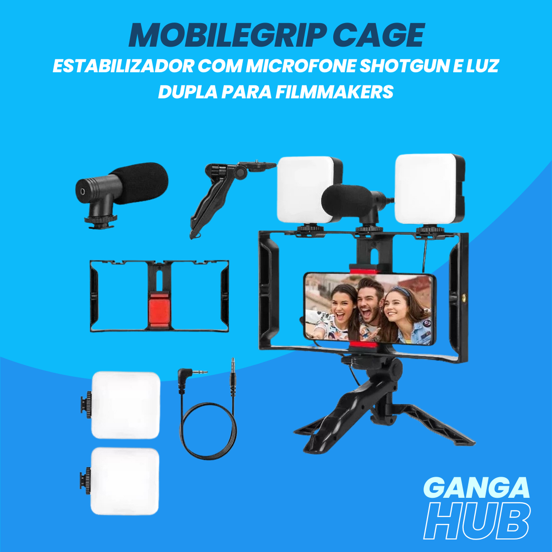 MobileGrip Cage - Estabilizador com Microfone Shotgun e Luz Dupla para Filmmakers