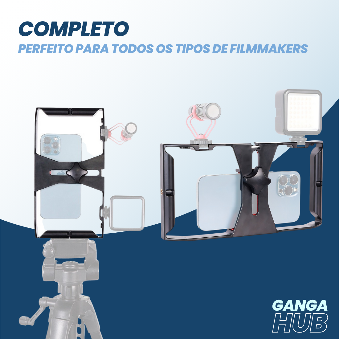 MobileGrip Cage - Estabilizador com Microfone Shotgun e Luz Dupla para Filmmakers