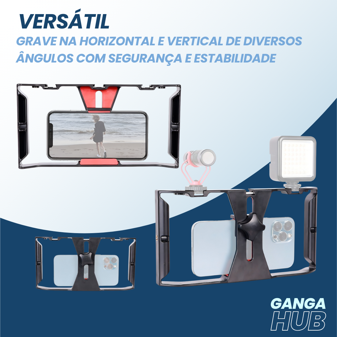 MobileGrip Cage - Estabilizador com Microfone Shotgun e Luz Dupla para Filmmakers