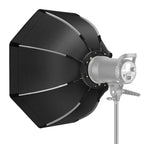 Softbox octagonal OctaGlow Pro 90cm com montagem Bowens, colmeia removível e difusores, ideal para estúdios e retratos com luz suave e controlada.