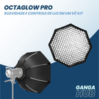 Softbox octagonal OctaGlow Pro 90cm com montagem Bowens, colmeia removível e difusores, ideal para estúdios e retratos com luz suave e controlada.