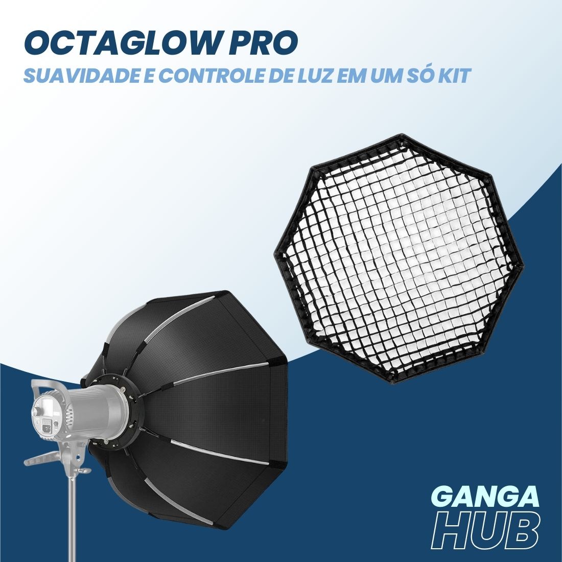 Softbox octagonal OctaGlow Pro 90cm com montagem Bowens, colmeia removível e difusores, ideal para estúdios e retratos com luz suave e controlada.