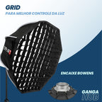 Softbox octagonal OctaGlow Pro 90cm com montagem Bowens, colmeia removível e difusores, ideal para estúdios e retratos com luz suave e controlada.