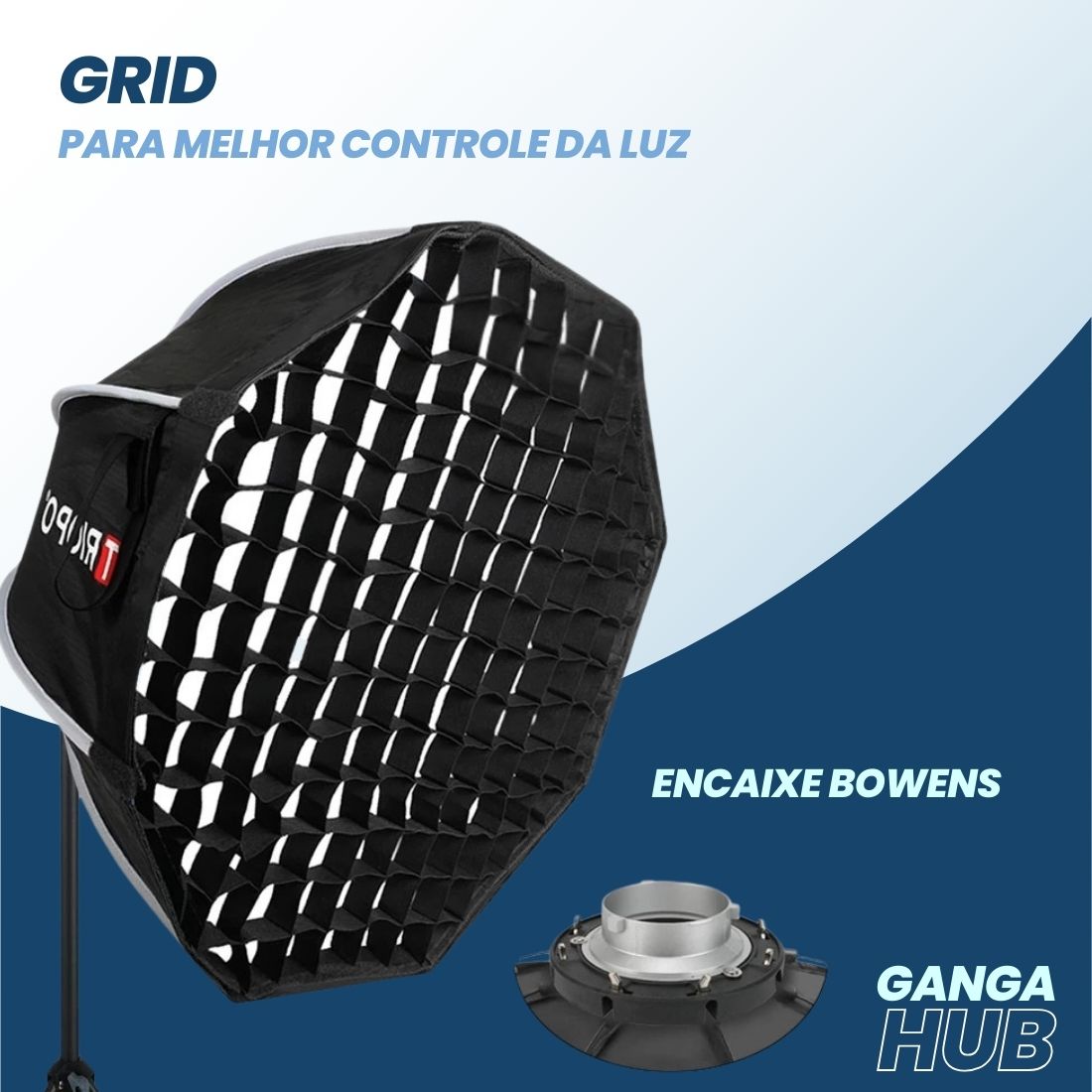 Softbox octagonal OctaGlow Pro 90cm com montagem Bowens, colmeia removível e difusores, ideal para estúdios e retratos com luz suave e controlada.