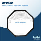 Softbox octagonal OctaGlow Pro 90cm com montagem Bowens, colmeia removível e difusores, ideal para estúdios e retratos com luz suave e controlada.