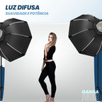 Softbox octagonal OctaGlow Pro 90cm com montagem Bowens, colmeia removível e difusores, ideal para estúdios e retratos com luz suave e controlada.