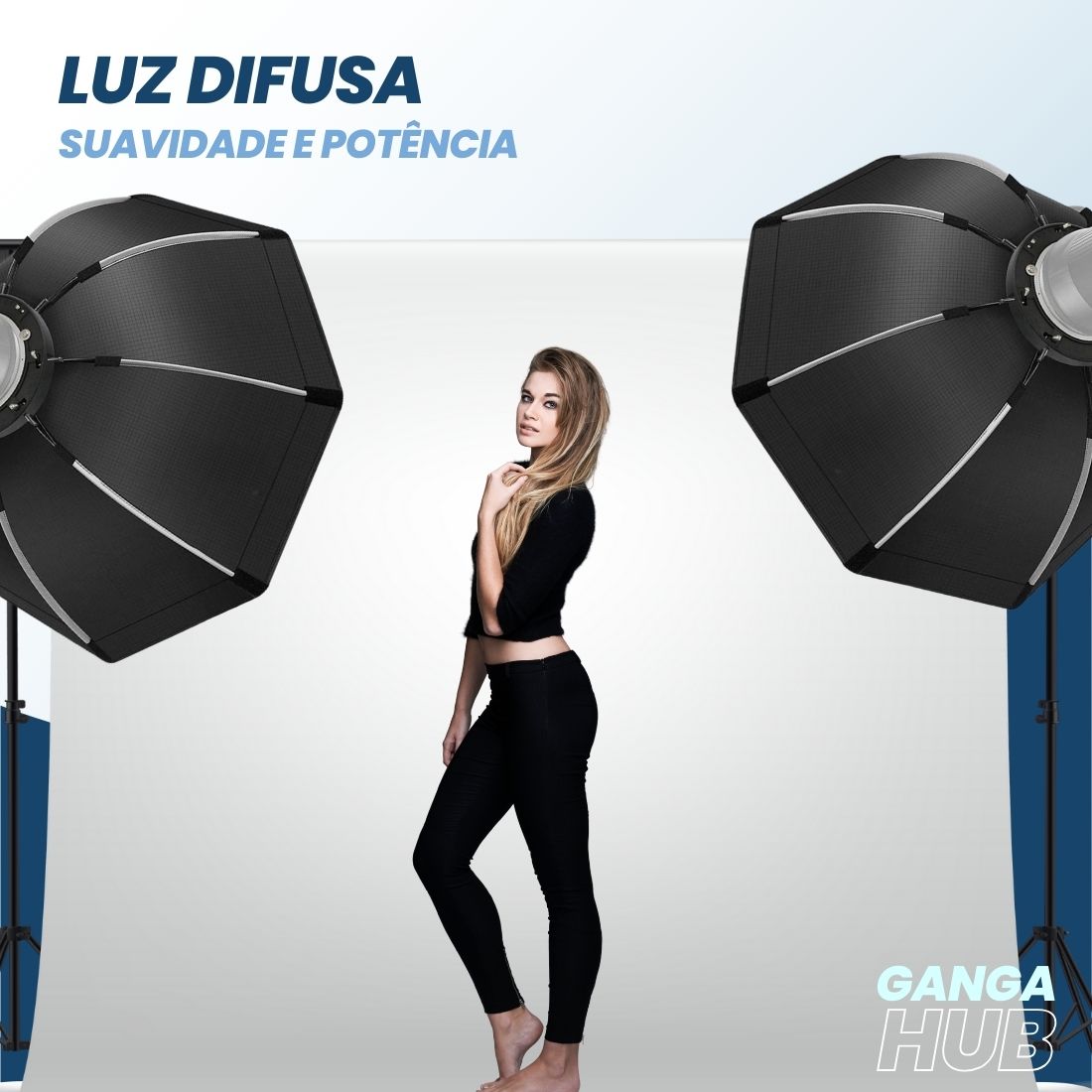 Softbox octagonal OctaGlow Pro 90cm com montagem Bowens, colmeia removível e difusores, ideal para estúdios e retratos com luz suave e controlada.