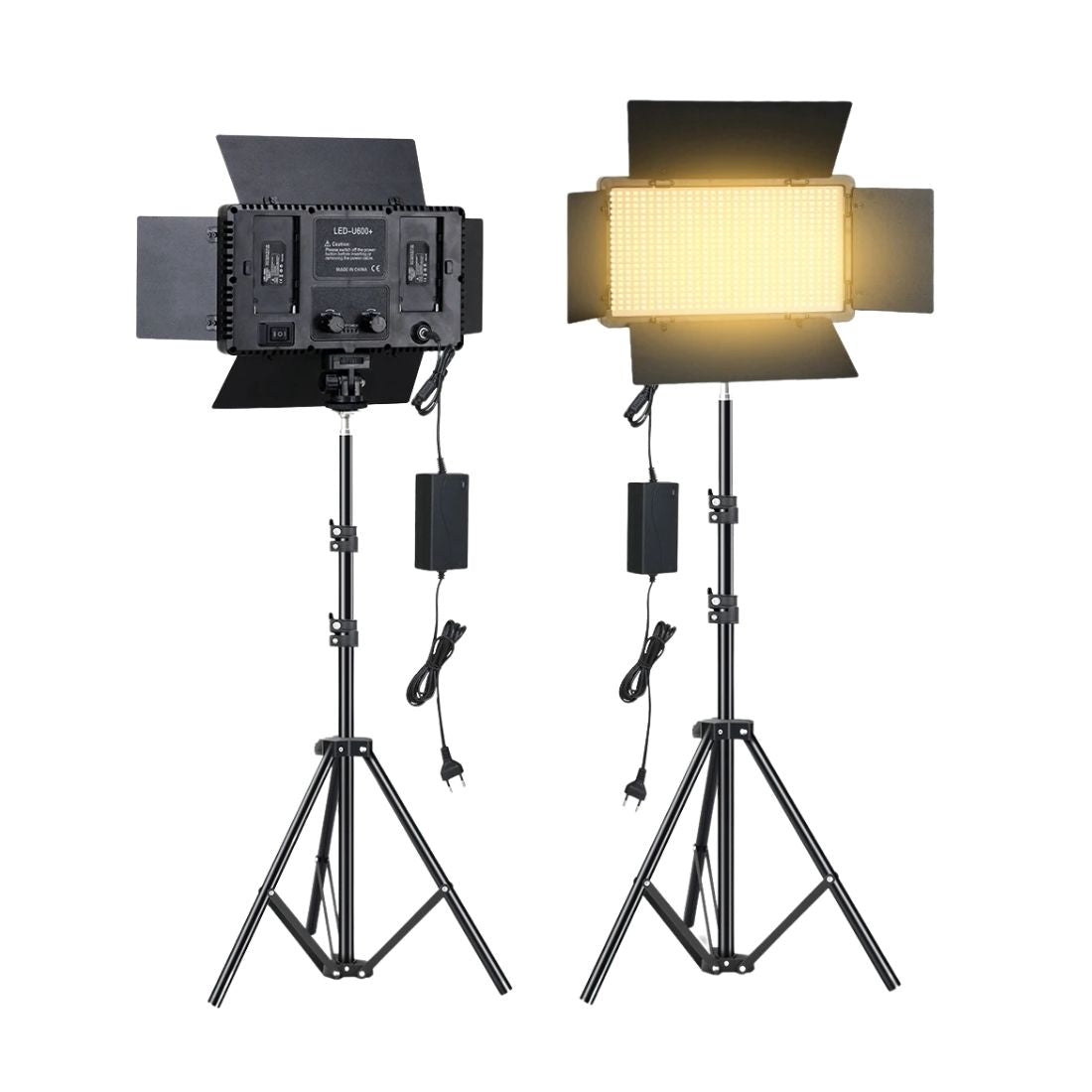 Painel Glow PRO LED 600 com dimmer duplo, barndoors de alumínio e temperatura ajustável entre 3200K e 6500K. Ideal para vídeos, fotos e gravações.