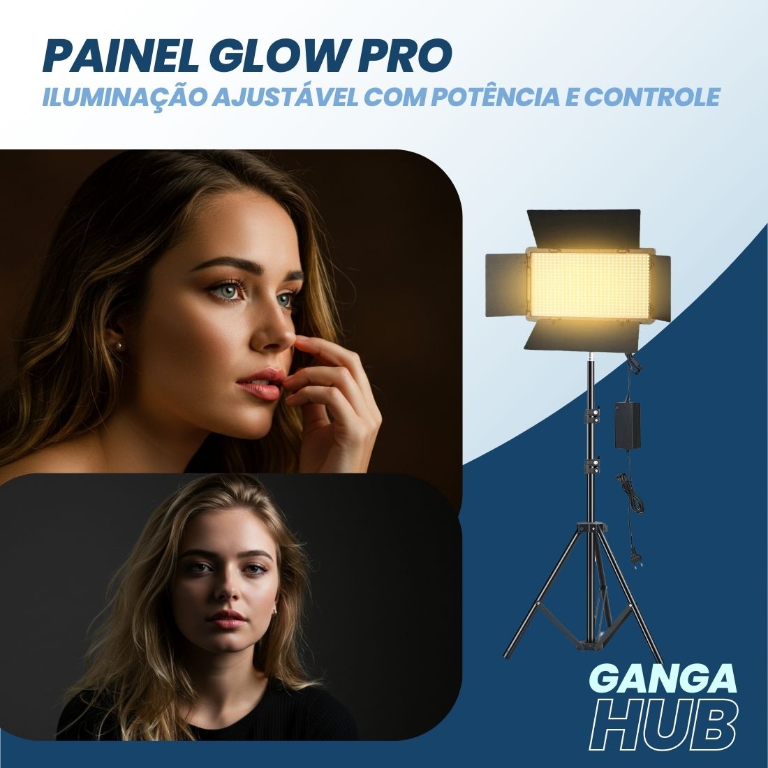 Painel Glow PRO LED 600 com dimmer duplo, barndoors de alumínio e temperatura ajustável entre 3200K e 6500K. Ideal para vídeos, fotos e gravações.