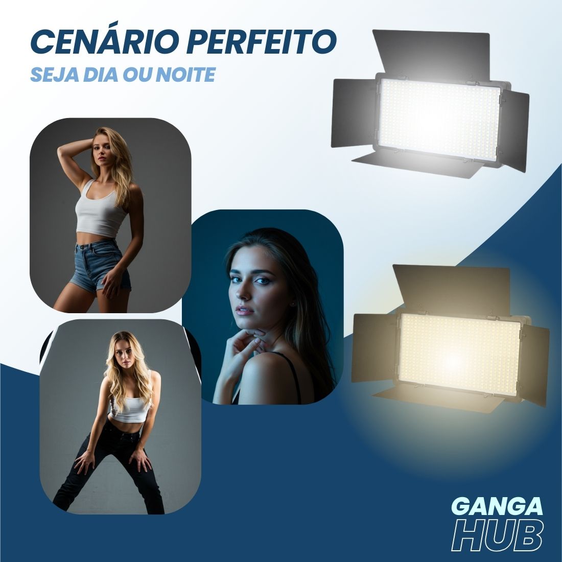 Painel Glow PRO LED 600 com dimmer duplo, barndoors de alumínio e temperatura ajustável entre 3200K e 6500K. Ideal para vídeos, fotos e gravações.