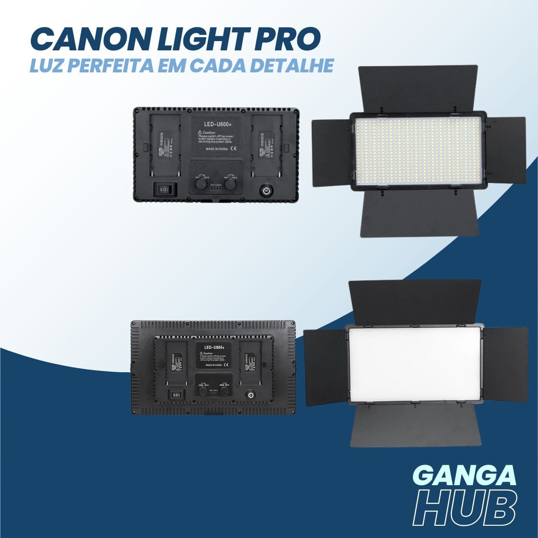 Painel Glow PRO LED 600 com dimmer duplo, barndoors de alumínio e temperatura ajustável entre 3200K e 6500K. Ideal para vídeos, fotos e gravações.