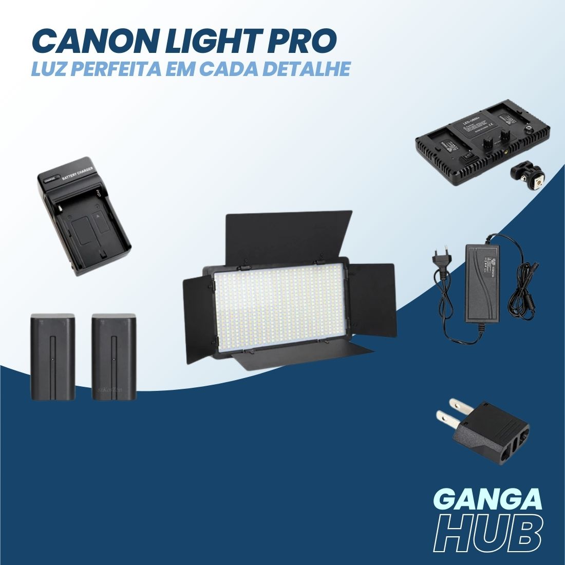 Painel Glow PRO LED 600 com dimmer duplo, barndoors de alumínio e temperatura ajustável entre 3200K e 6500K. Ideal para vídeos, fotos e gravações.