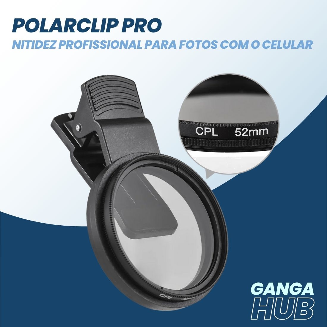 Filtro polarizador CPL PolarClip Pro com clipe universal para celular, aplicado em lente de smartphone durante fotografia externa com reflexo de vidro.