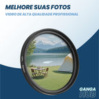 Filtro polarizador CPL PolarClip Pro com clipe universal para celular, aplicado em lente de smartphone durante fotografia externa com reflexo de vidro.