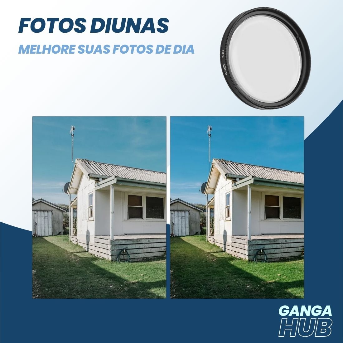 Filtro polarizador CPL PolarClip Pro com clipe universal para celular, aplicado em lente de smartphone durante fotografia externa com reflexo de vidro.