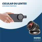 Filtro polarizador CPL PolarClip Pro com clipe universal para celular, aplicado em lente de smartphone durante fotografia externa com reflexo de vidro.