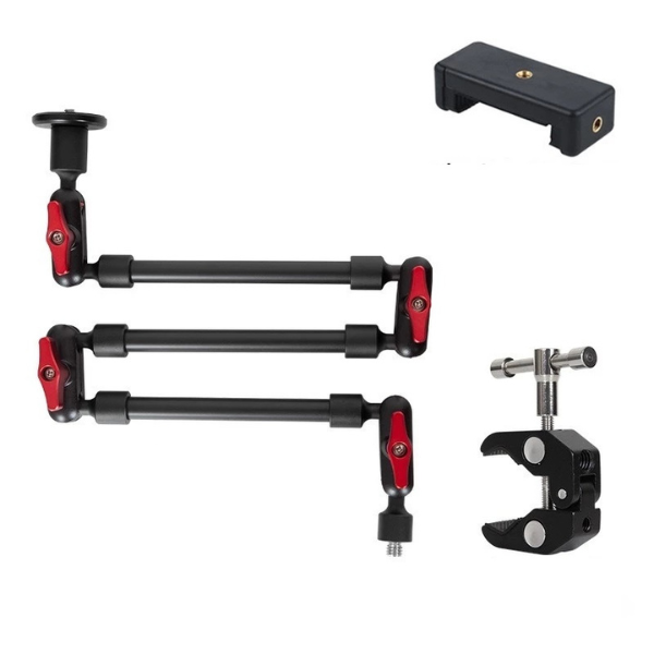 "ProArm Flex - Braço articulado universal ajustável para smartphones, GoPro e câmeras DSLR com rotação 360º."
"Braço articulado ProArm Flex em liga de alumínio, ideal para gravações e vlogs."
"Detalhe do ProArm Flex com rosca 1/4 e 3/8, compatível com câmeras DSLR e GoPro."
"Suporte ProArm Flex ajustável para smartphones, GoPro e acessórios de gravação."
"Base antiderrapante do ProArm Flex garantindo estabilidade e segurança."
"Braço mágico ProArm Flex - Solução portátil para estúdios, viagens e selfies."