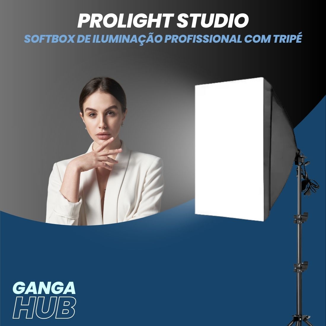 Aprimore suas sessões de fotografia com o ProLight Studio, um softbox de iluminação com tripé ajustável. Ideal para estúdios e criadores de conteúdo. Compatível com lâmpadas E27. Disponível na Gangahub.