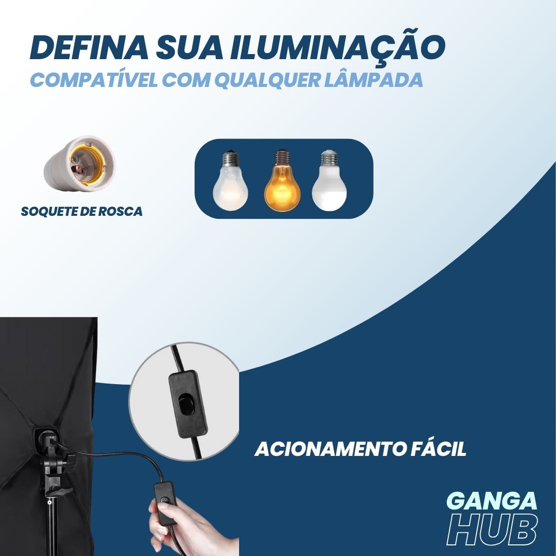 Aprimore suas sessões de fotografia com o ProLight Studio, um softbox de iluminação com tripé ajustável. Ideal para estúdios e criadores de conteúdo. Compatível com lâmpadas E27. Disponível na Gangahub.