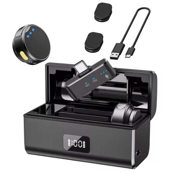 Microfone de Lapela Sem Fio HiFi para iPhone e Android com Cancelamento de Ruído - GangaHub, Ideal para Gravações, Lives e Criações de Conteúdo Profissional.