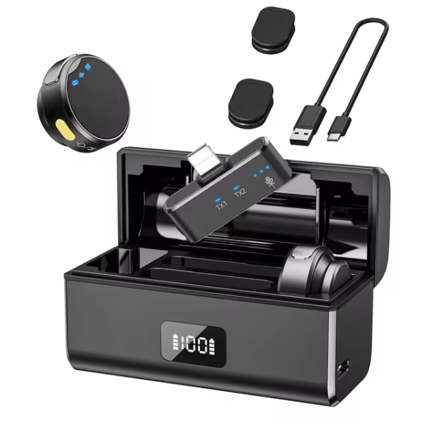 Microfone de Lapela Sem Fio HiFi para iPhone e Android com Cancelamento de Ruído - GangaHub, Ideal para Gravações, Lives e Criações de Conteúdo Profissional.