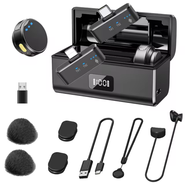 Microfone de Lapela Sem Fio HiFi para iPhone e Android com Cancelamento de Ruído - GangaHub, Ideal para Gravações, Lives e Criações de Conteúdo Profissional.