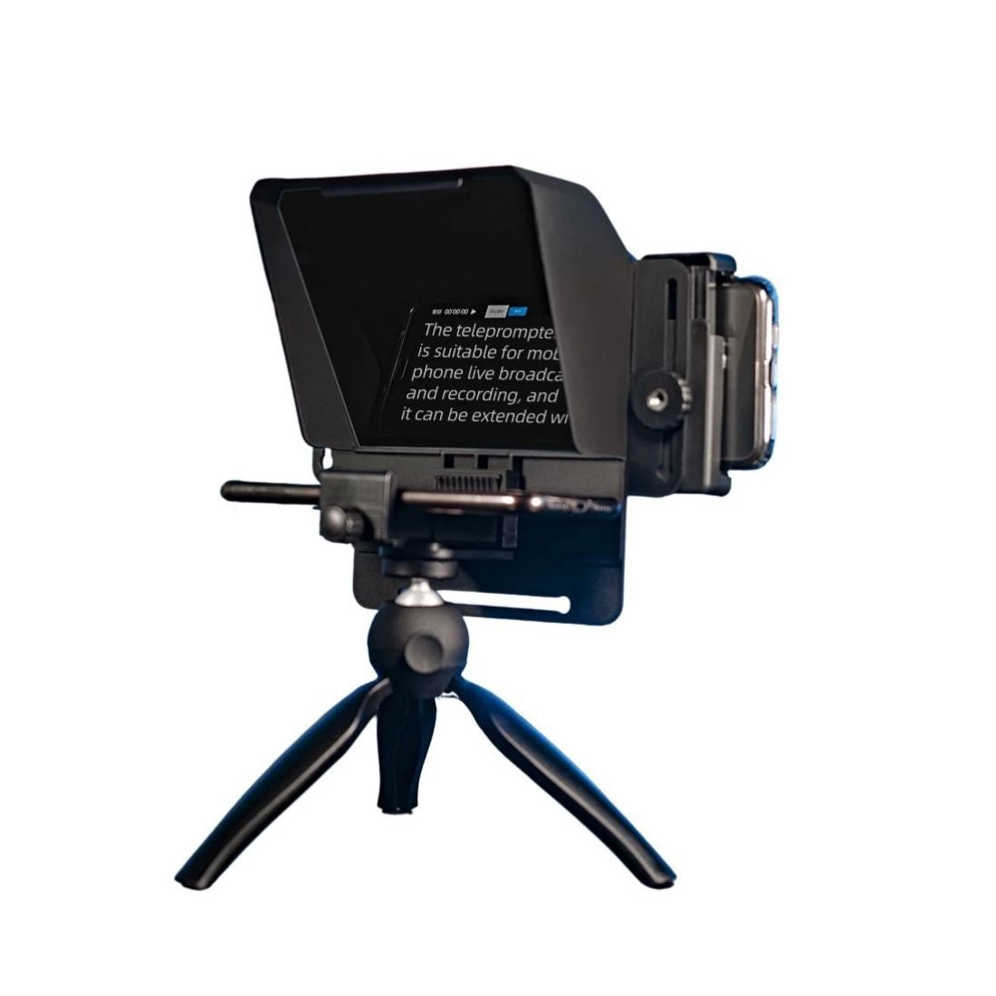 ProPrompt Mini - Teleprompter portátil para smartphones e DSLRs, inclui controle remoto Bluetooth e acessórios completos para uma gravação de vídeo profissional. Disponível na Gangahub.