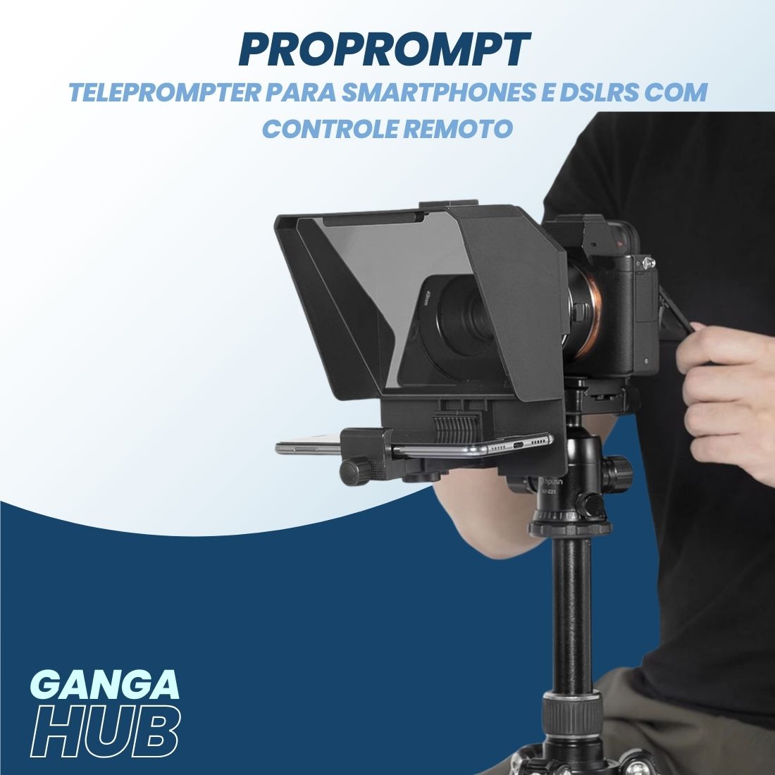 ProPrompt Mini - Teleprompter portátil para smartphones e DSLRs, inclui controle remoto Bluetooth e acessórios completos para uma gravação de vídeo profissional. Disponível na Gangahub.