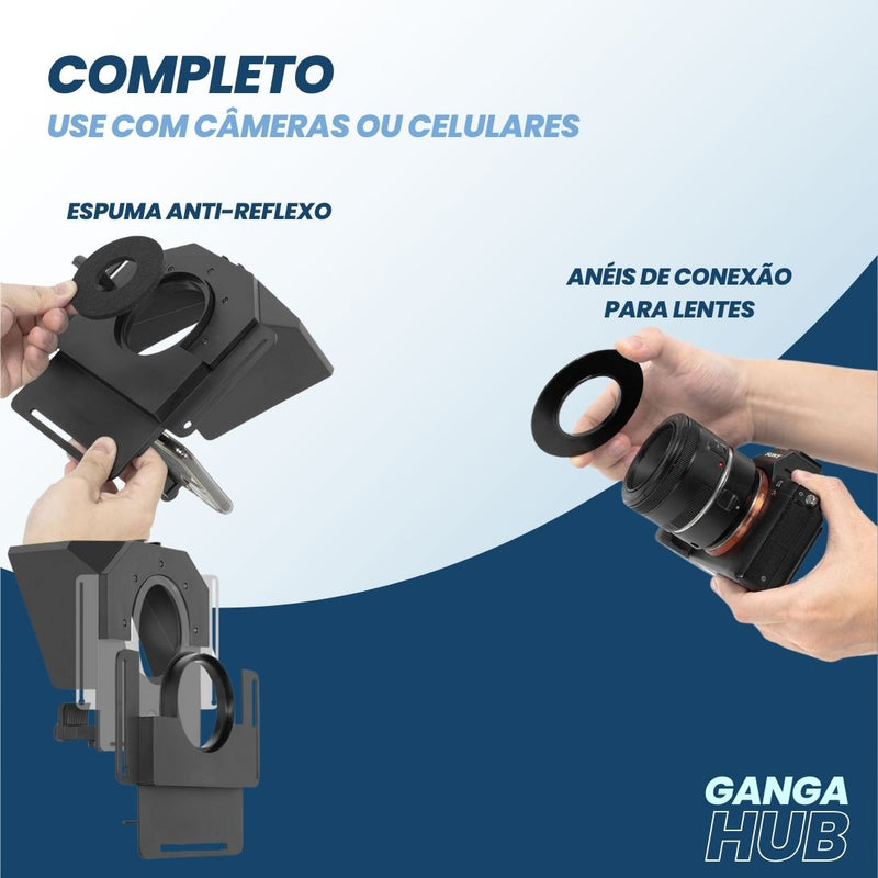 ProPrompt Mini - Teleprompter portátil para smartphones e DSLRs, inclui controle remoto Bluetooth e acessórios completos para uma gravação de vídeo profissional. Disponível na Gangahub.
