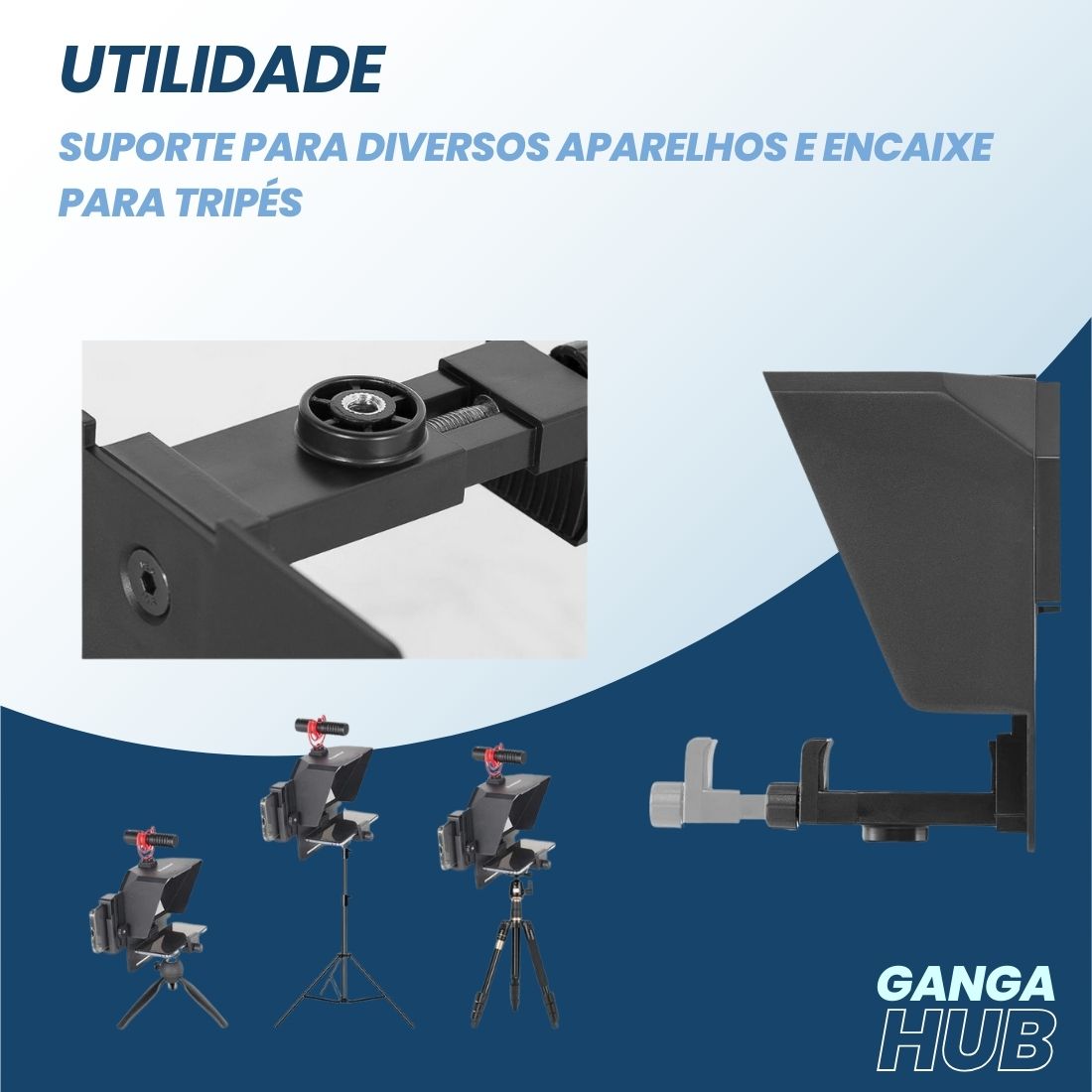 ProPrompt Mini - Teleprompter portátil para smartphones e DSLRs, inclui controle remoto Bluetooth e acessórios completos para uma gravação de vídeo profissional. Disponível na Gangahub.