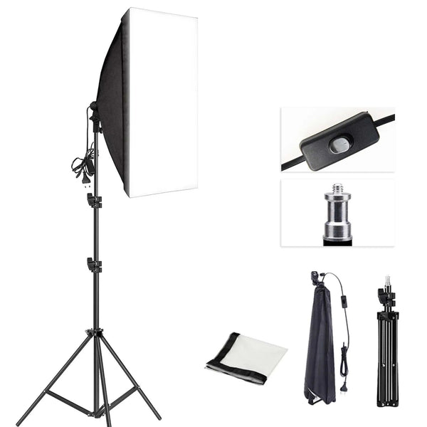 Imagem do ProLight Studio, um softbox de iluminação profissional projetado para estúdios fotográficos. Este softbox oferece iluminação suave e uniforme, reduzindo sombras indesejadas em retratos e fotografias de produtos. Equipado com um tripé ajustável para maior flexibilidade de uso, é compatível com lâmpadas E27, permitindo personalizar a intensidade e temperatura da luz conforme necessário. Ideal para fotógrafos e criadores de conteúdo que buscam uma configuração de iluminação contínua de alta qualidade