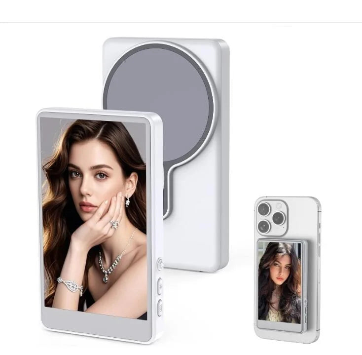 Use a câmera traseira para selfies perfeitas com o SelfieVision! O monitor magnético sem fio que espelha a tela do seu celular. Para vlogs e fotos em HD.