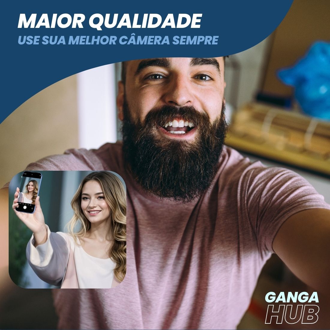 Use a câmera traseira para selfies perfeitas com o SelfieVision! O monitor magnético sem fio que espelha a tela do seu celular. Para vlogs e fotos em HD.